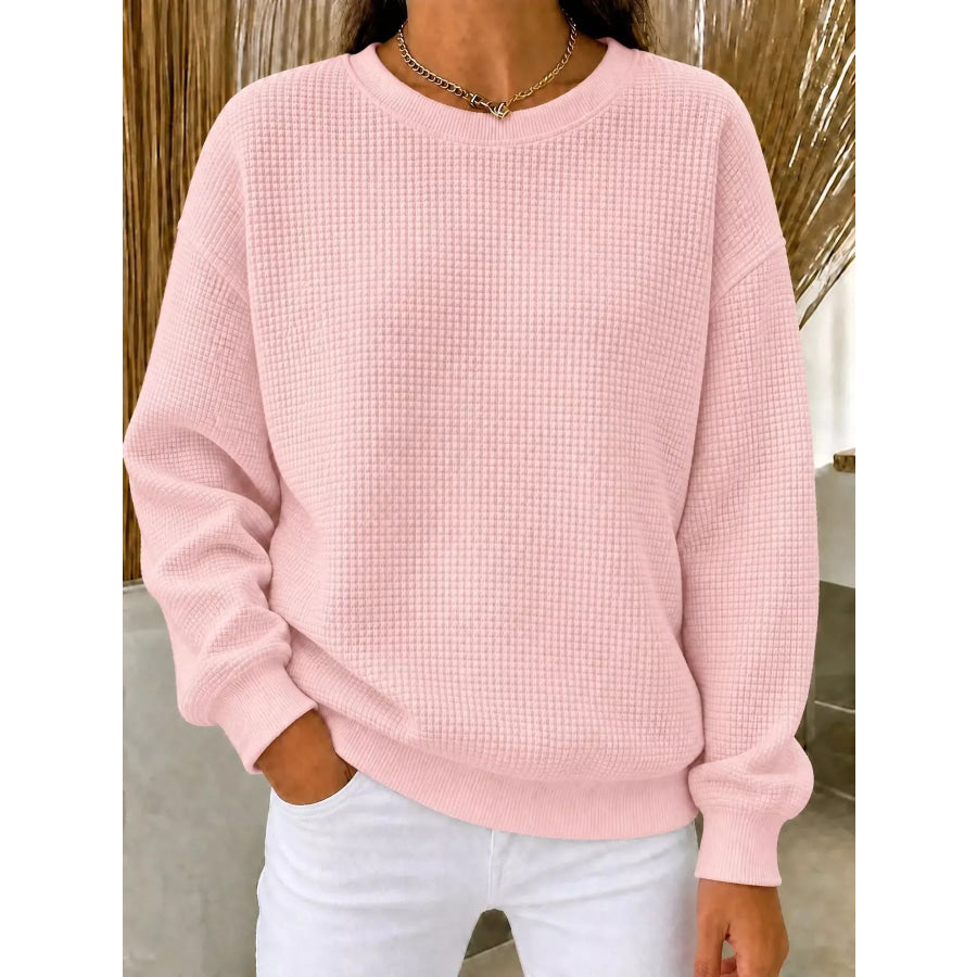Full Size Waffle Knit Crewneck Sweatshirt Plus Pink / XS Apparel and Accessories