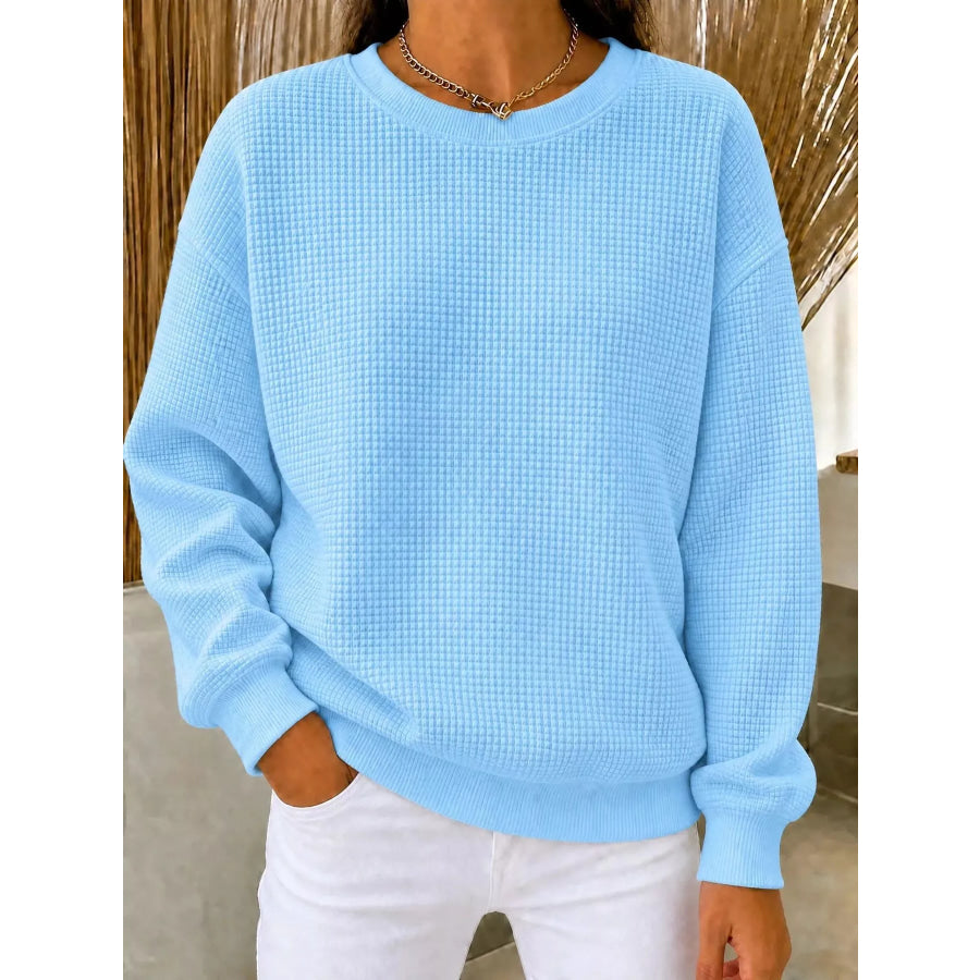 Full Size Waffle Knit Crewneck Sweatshirt Plus Sky Blue / XS Apparel and Accessories