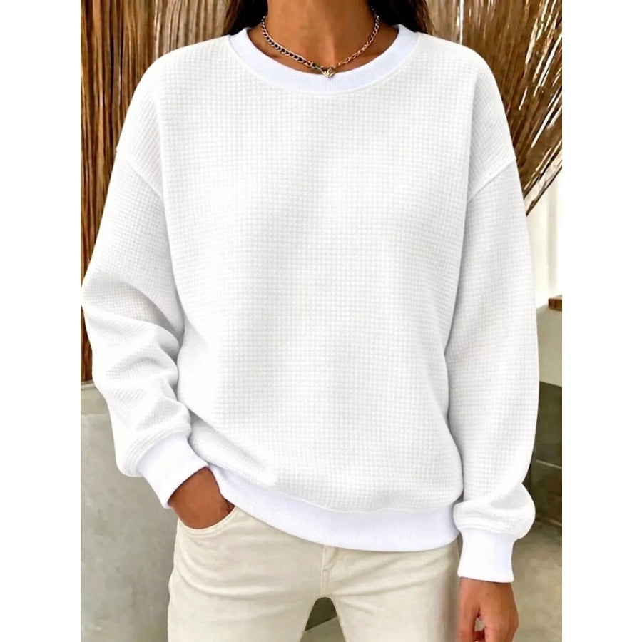 Full Size Waffle Knit Crewneck Sweatshirt Plus White / XS Apparel and Accessories