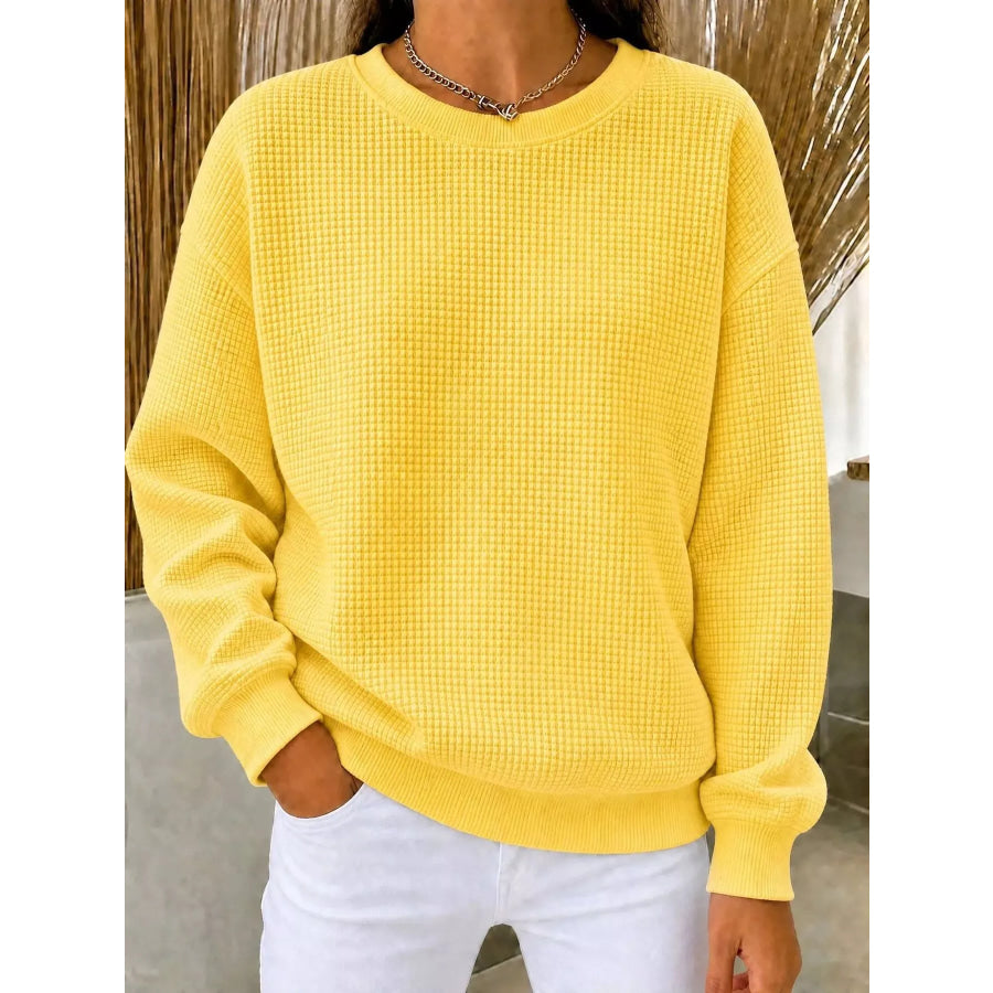 Full Size Waffle Knit Crewneck Sweatshirt Plus Yellow / XS Apparel and Accessories