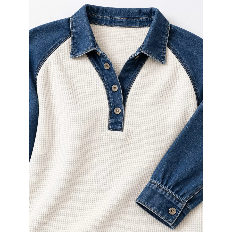 Full Size Waffle Knit Denim Patchwork Button Detail Blouse Plus Apparel and Accessories