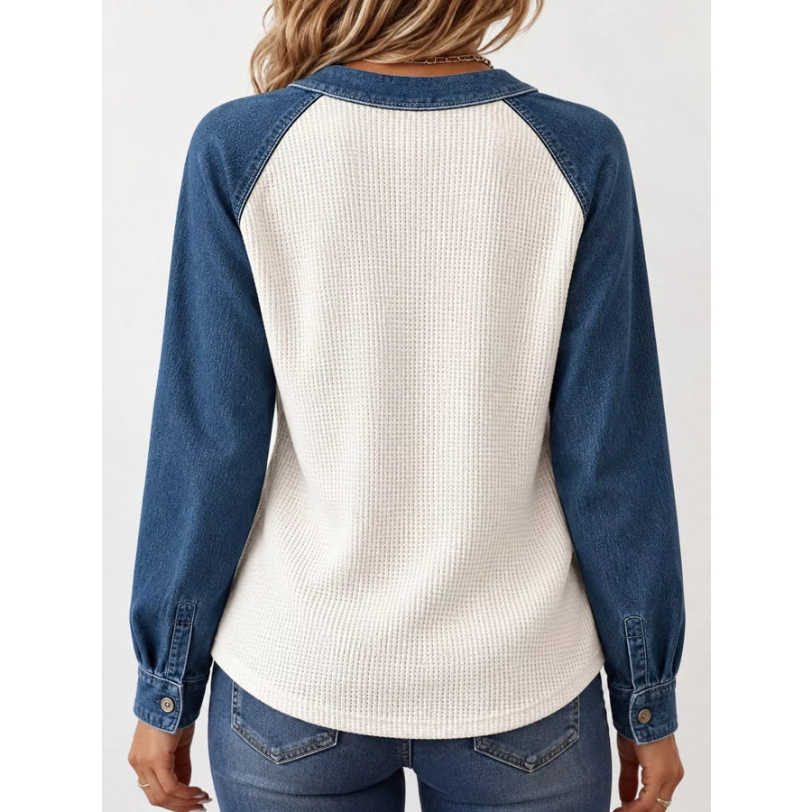Full Size Waffle Knit Denim Patchwork Button Detail Blouse Plus Apparel and Accessories