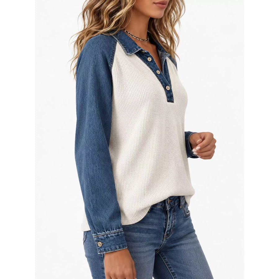 Full Size Waffle Knit Denim Patchwork Button Detail Blouse Plus Apparel and Accessories