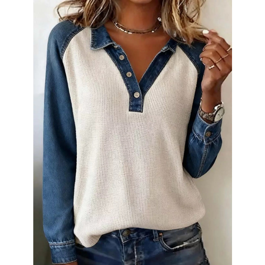 Full Size Waffle Knit Denim Patchwork Button Detail Blouse Plus White / S Apparel and Accessories