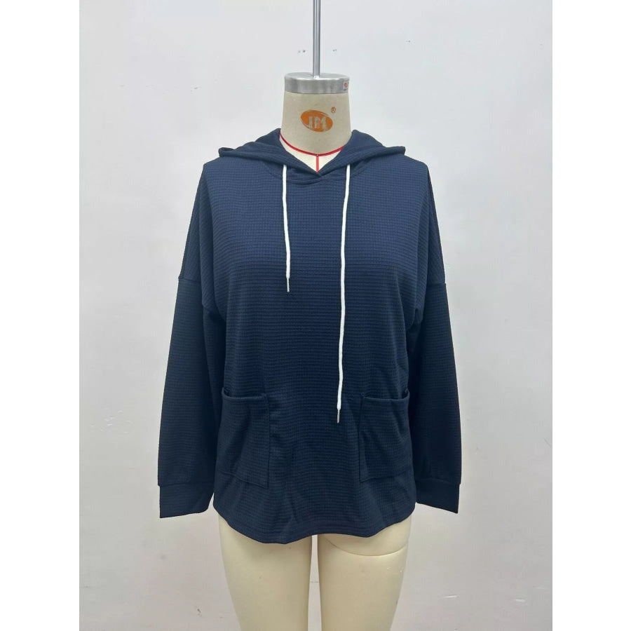 Full Size Waffle Knit Drawstring Long Sleeve Hoodie Plus Apparel and Accessories