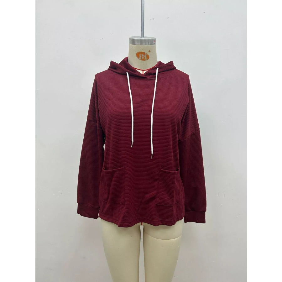 Full Size Waffle Knit Drawstring Long Sleeve Hoodie Plus Apparel and Accessories