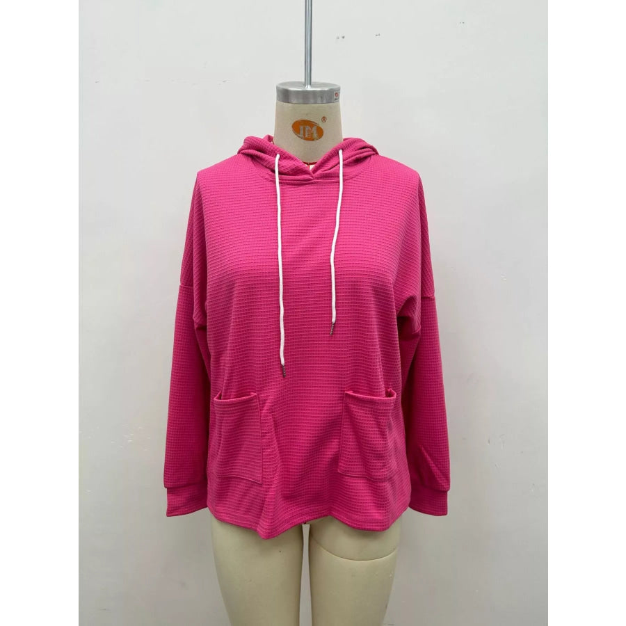 Full Size Waffle Knit Drawstring Long Sleeve Hoodie Plus Apparel and Accessories
