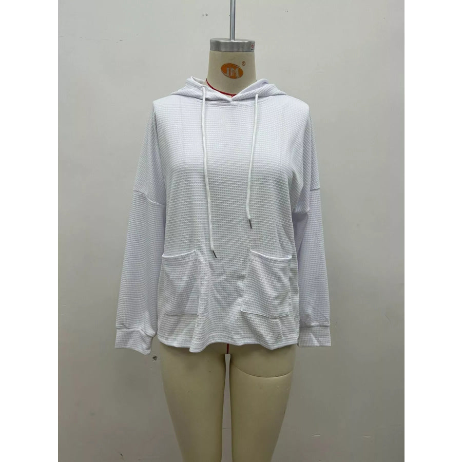 Full Size Waffle Knit Drawstring Long Sleeve Hoodie Plus Apparel and Accessories