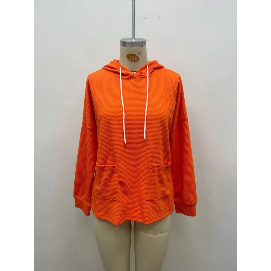 Full Size Waffle Knit Drawstring Long Sleeve Hoodie Plus Apparel and Accessories