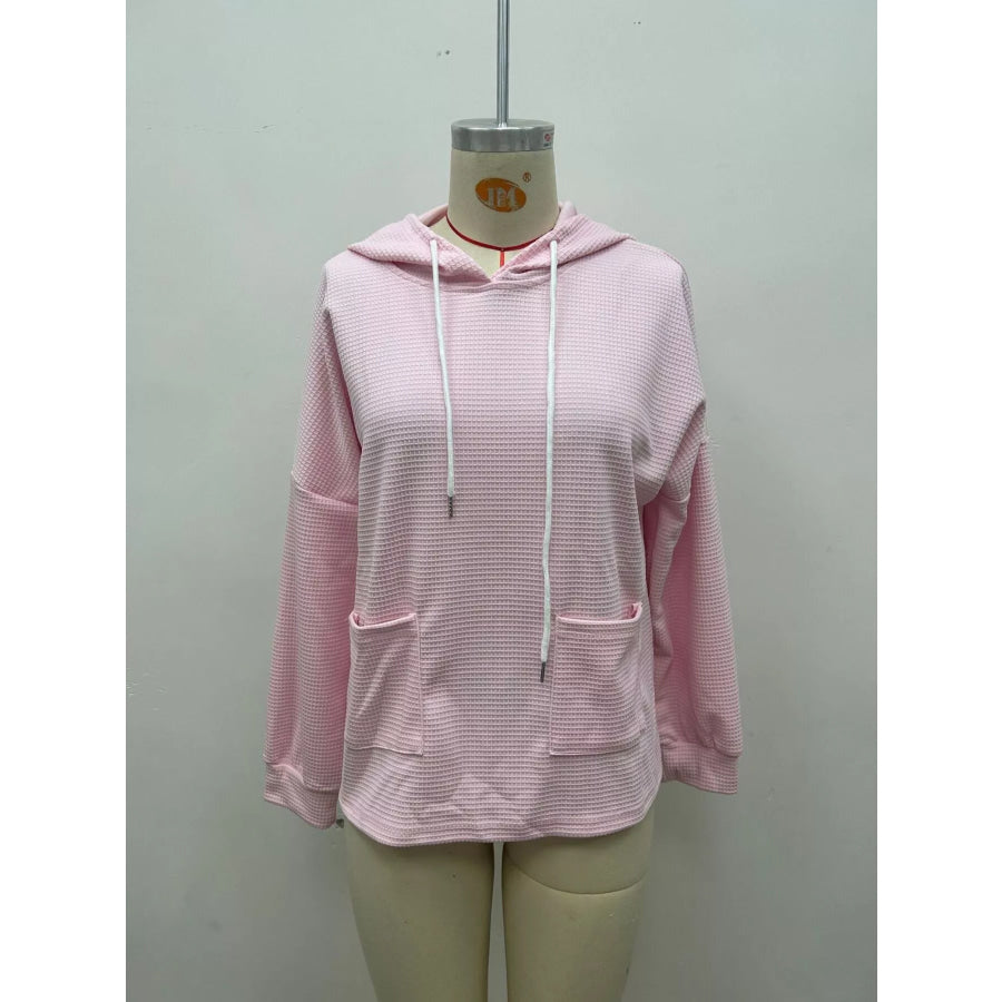 Full Size Waffle Knit Drawstring Long Sleeve Hoodie Plus Apparel and Accessories