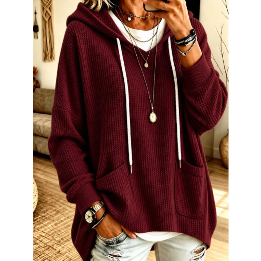 Full Size Waffle Knit Drawstring Long Sleeve Hoodie Plus Burgundy / S Apparel and Accessories