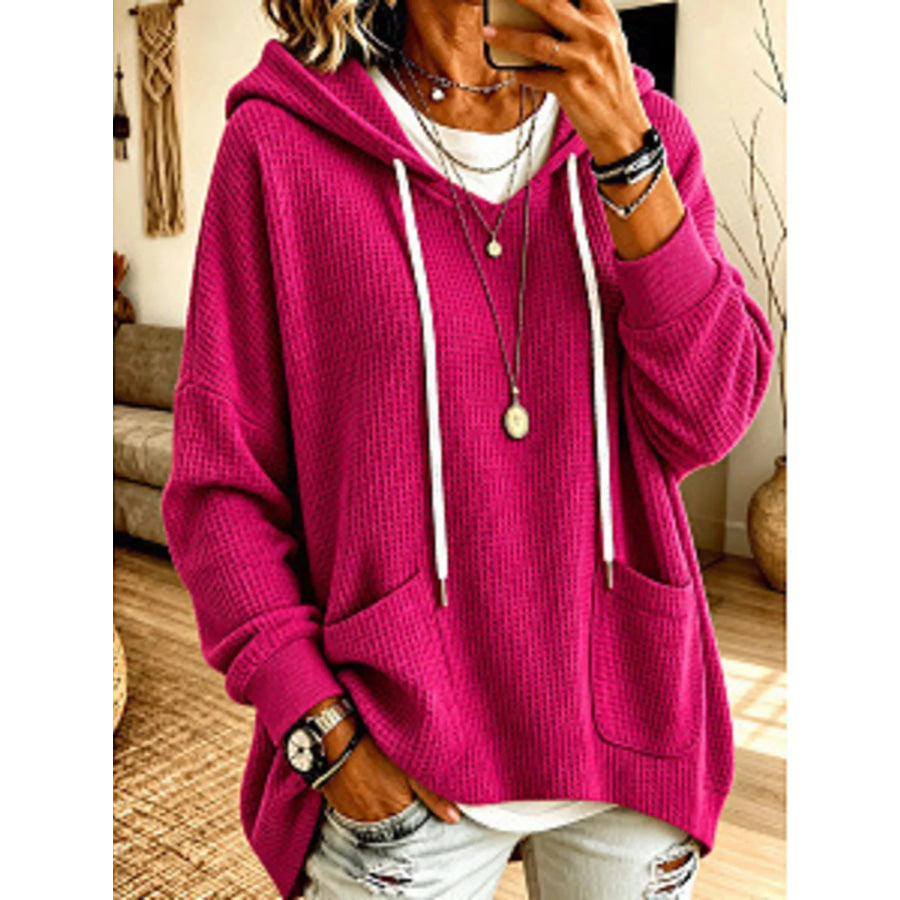 Full Size Waffle Knit Drawstring Long Sleeve Hoodie Plus Cerise / S Apparel and Accessories