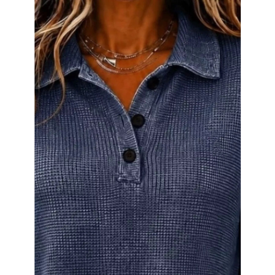Full Size Waffle Knit Dropped Shoulder Polo Top Plus Apparel and Accessories