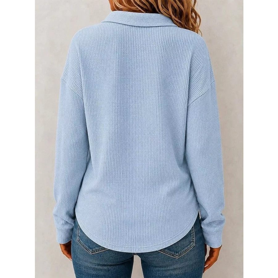 Full Size Waffle Knit Dropped Shoulder Polo Top Plus Apparel and Accessories