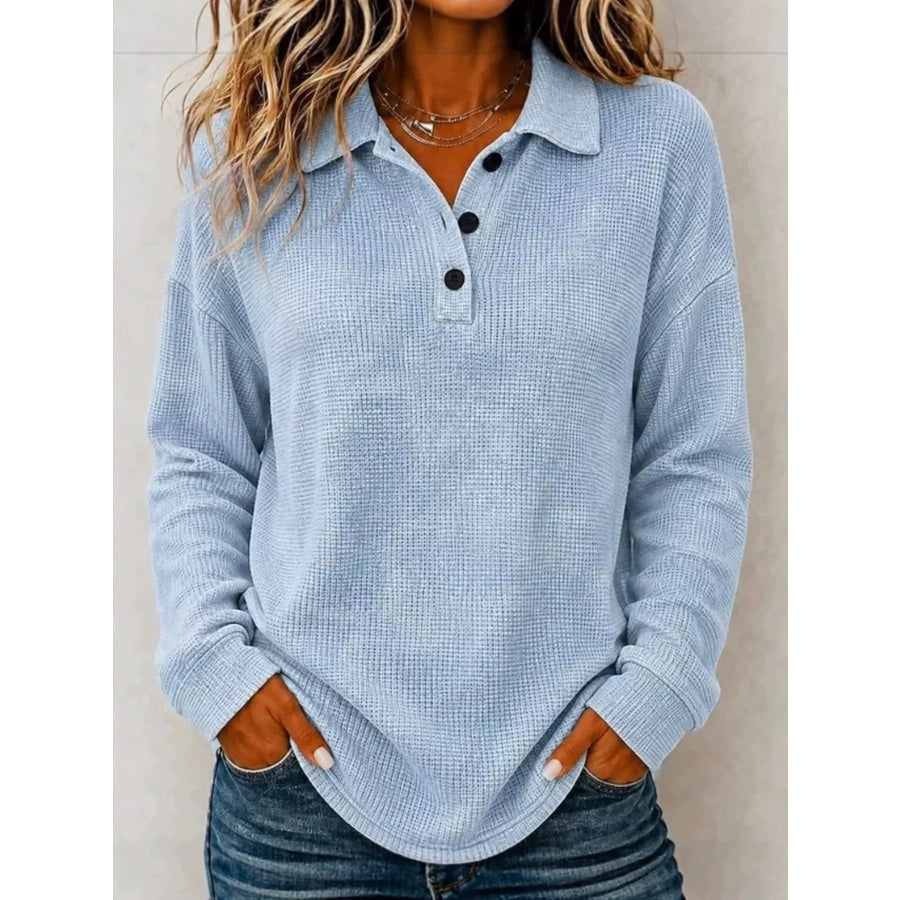 Full Size Waffle Knit Dropped Shoulder Polo Top Plus Blue / S Apparel and Accessories