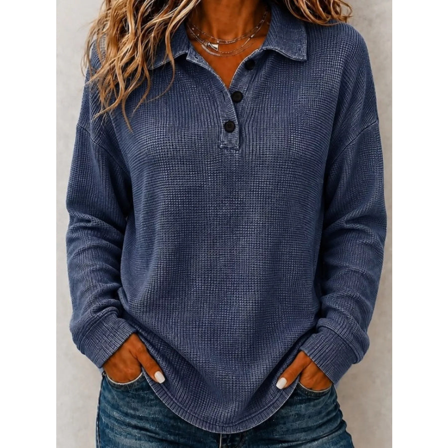 Full Size Waffle Knit Dropped Shoulder Polo Top Plus Navy / S Apparel and Accessories