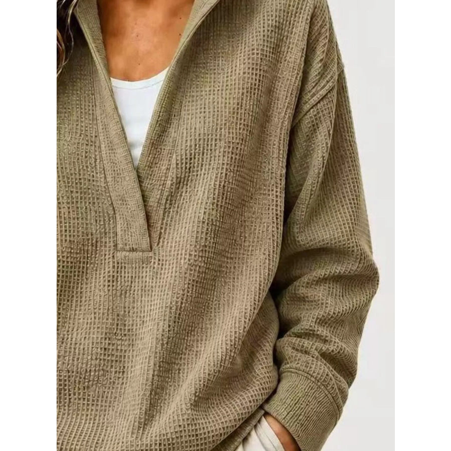 Full Size Waffle Knit Dropped Shoulder Sweatshirt Plus Apparel and Accessories