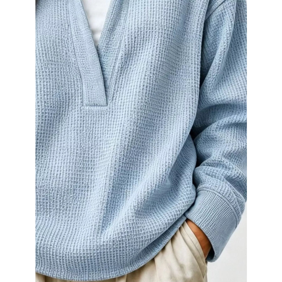 Full Size Waffle Knit Dropped Shoulder Sweatshirt Plus Apparel and Accessories