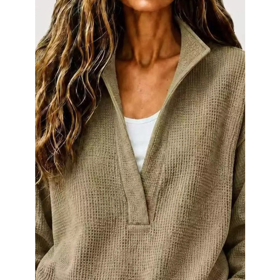 Full Size Waffle Knit Dropped Shoulder Sweatshirt Plus Apparel and Accessories