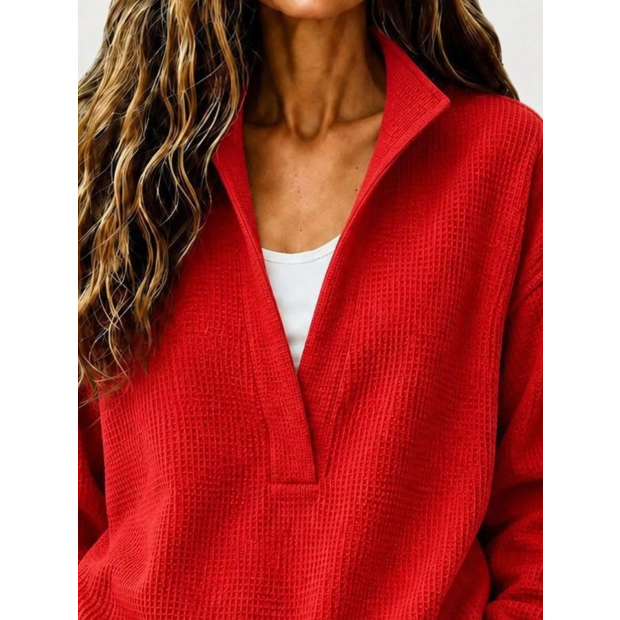 Full Size Waffle Knit Dropped Shoulder Sweatshirt Plus Apparel and Accessories