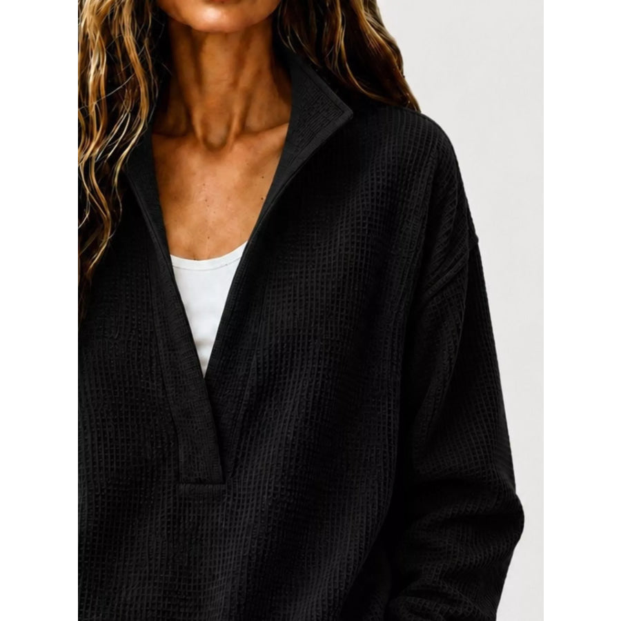 Full Size Waffle Knit Dropped Shoulder Sweatshirt Plus Apparel and Accessories