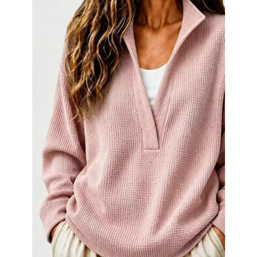 Full Size Waffle Knit Dropped Shoulder Sweatshirt Plus Apparel and Accessories