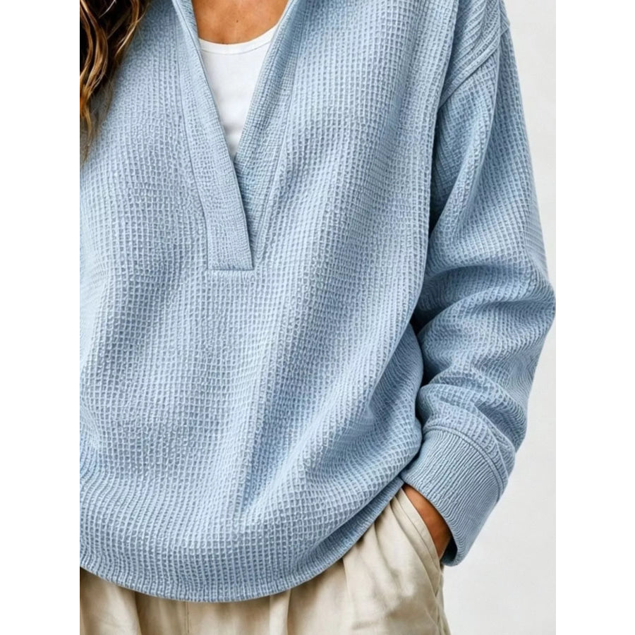 Full Size Waffle Knit Dropped Shoulder Sweatshirt Plus Apparel and Accessories