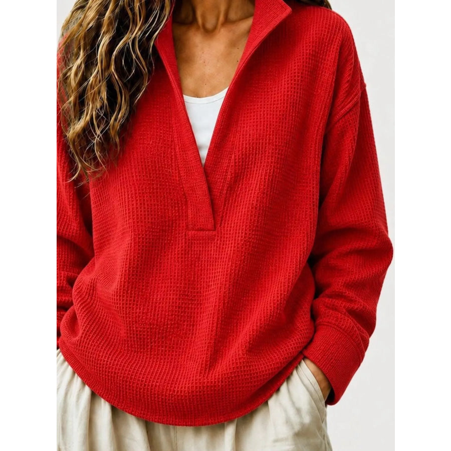 Full Size Waffle Knit Dropped Shoulder Sweatshirt Plus Apparel and Accessories