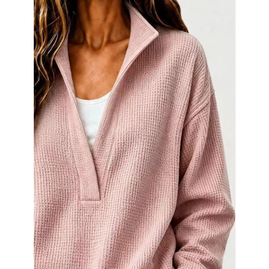 Full Size Waffle Knit Dropped Shoulder Sweatshirt Plus Apparel and Accessories