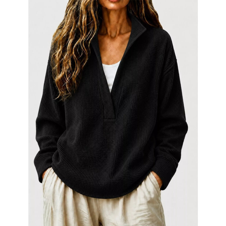 Full Size Waffle Knit Dropped Shoulder Sweatshirt Plus Black / S Apparel and Accessories