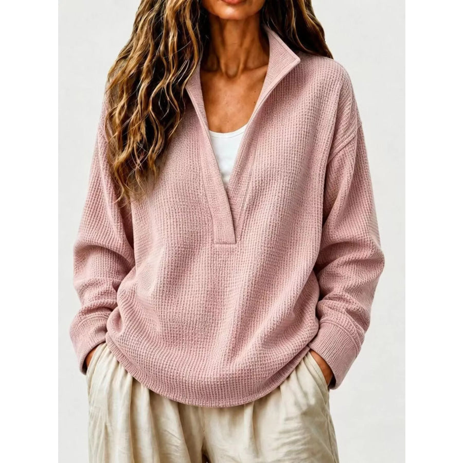 Full Size Waffle Knit Dropped Shoulder Sweatshirt Plus Dusty Pink / S Apparel and Accessories