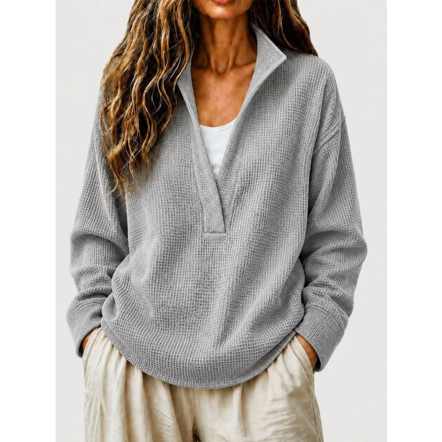 Full Size Waffle Knit Dropped Shoulder Sweatshirt Plus Gray / S Apparel and Accessories
