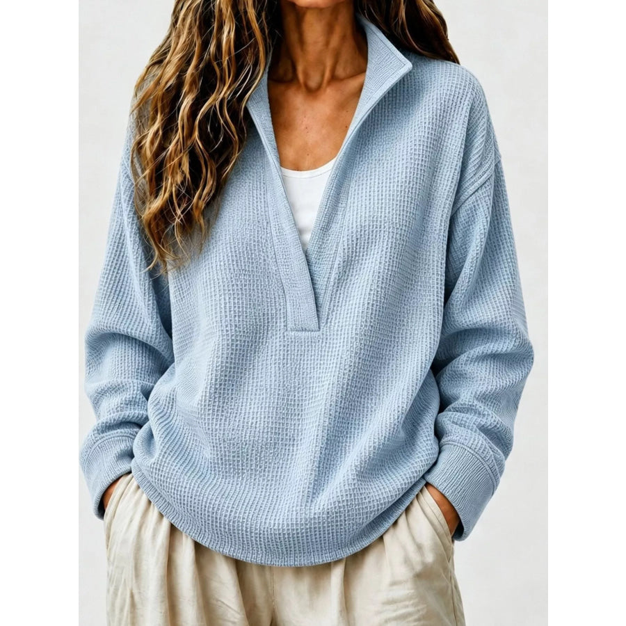 Full Size Waffle Knit Dropped Shoulder Sweatshirt Plus Light Blue / S Apparel and Accessories