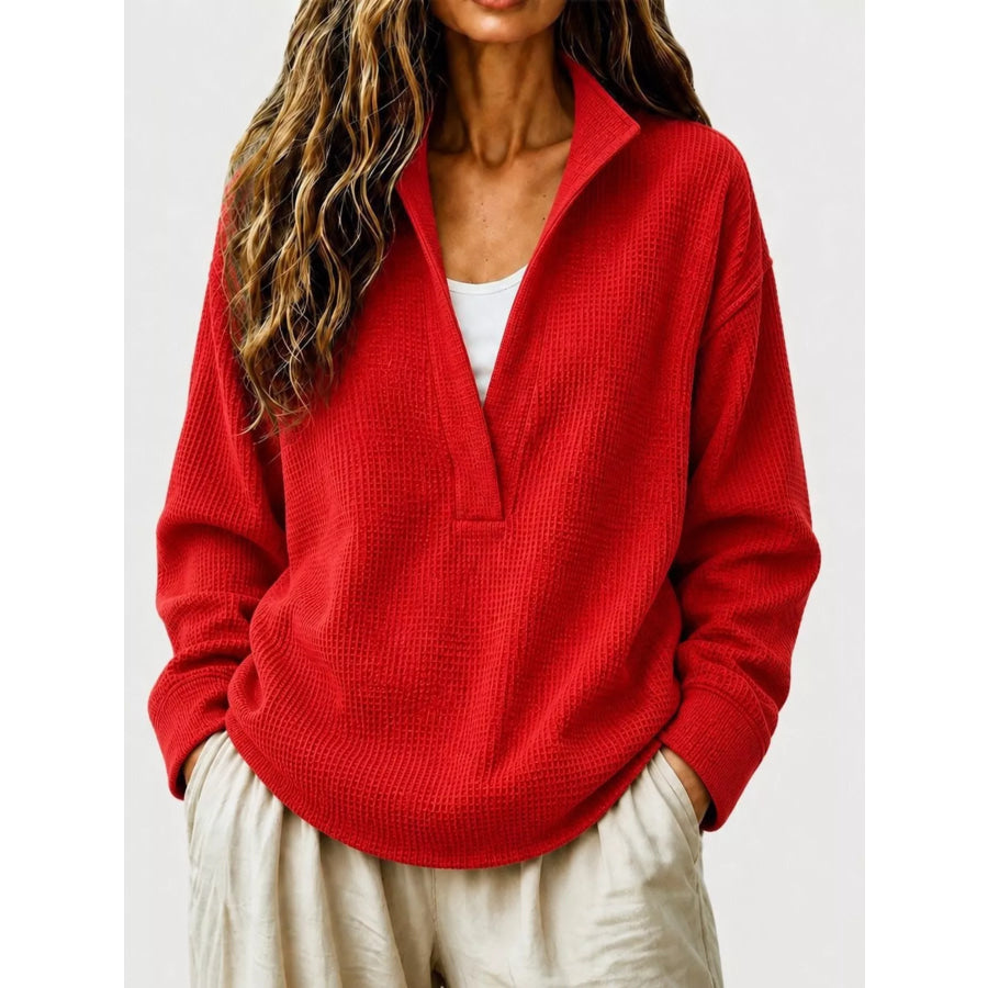 Full Size Waffle Knit Dropped Shoulder Sweatshirt Plus Scarlet / S Apparel and Accessories