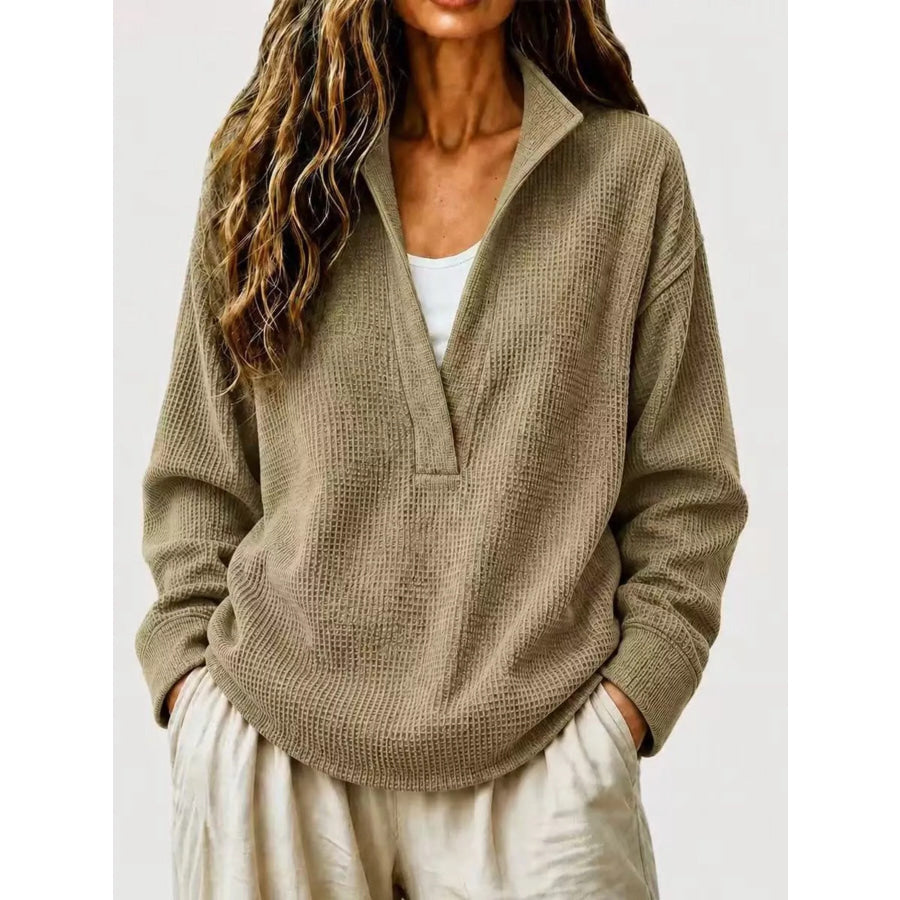 Full Size Waffle Knit Dropped Shoulder Sweatshirt Plus Taupe / S Apparel and Accessories