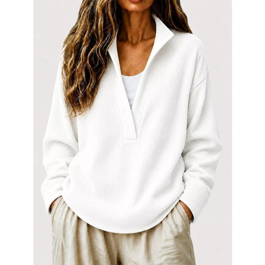 Full Size Waffle Knit Dropped Shoulder Sweatshirt Plus White / S Apparel and Accessories