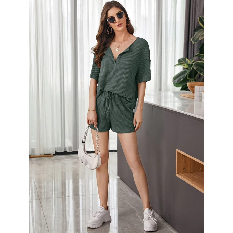 Full Size Waffle - Knit Dropped Shoulder Top and Shorts Set Apparel and Accessories