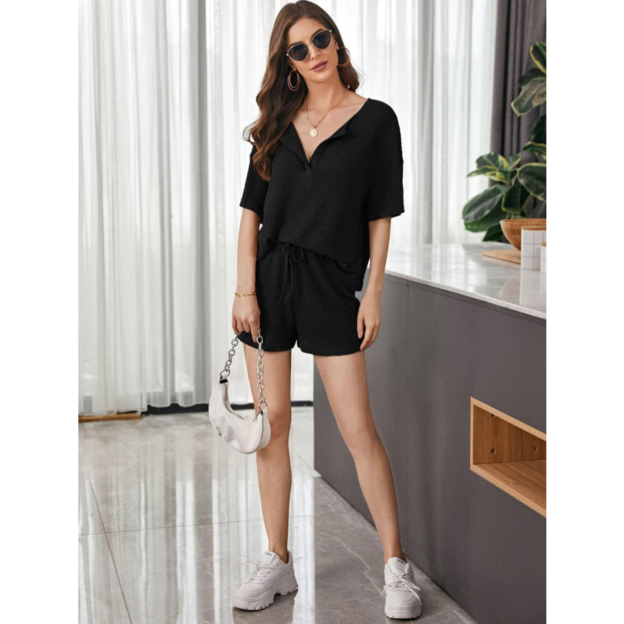 Full Size Waffle - Knit Dropped Shoulder Top and Shorts Set Apparel and Accessories