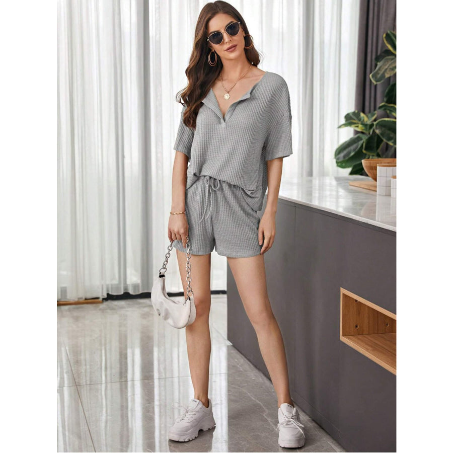 Full Size Waffle - Knit Dropped Shoulder Top and Shorts Set Apparel and Accessories