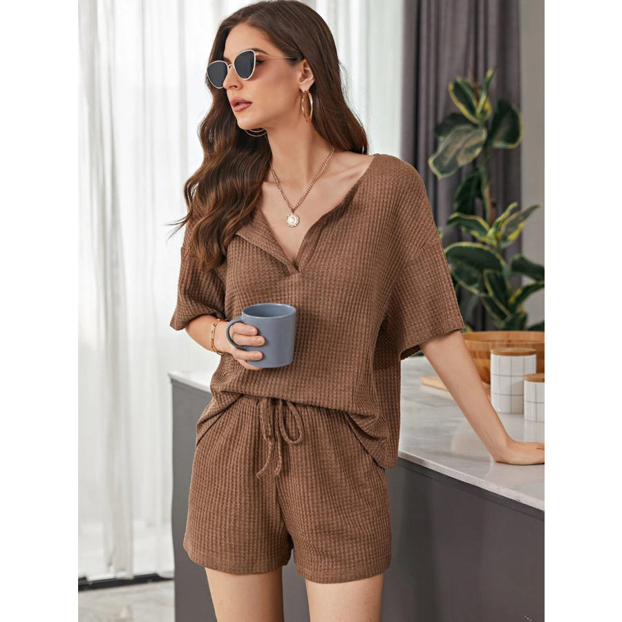 Full Size Waffle - Knit Dropped Shoulder Top and Shorts Set Apparel and Accessories