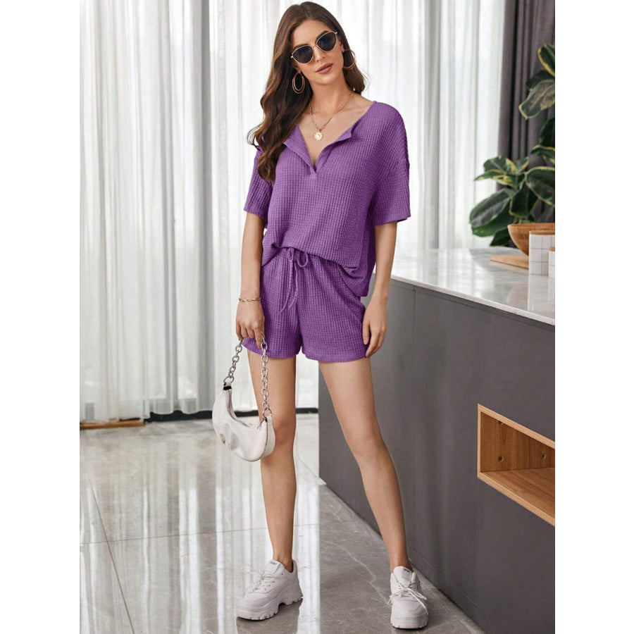 Full Size Waffle - Knit Dropped Shoulder Top and Shorts Set Apparel and Accessories