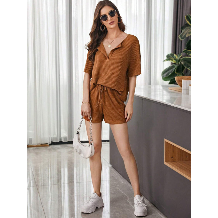 Full Size Waffle - Knit Dropped Shoulder Top and Shorts Set Apparel and Accessories