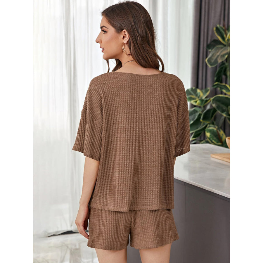 Full Size Waffle - Knit Dropped Shoulder Top and Shorts Set Apparel and Accessories