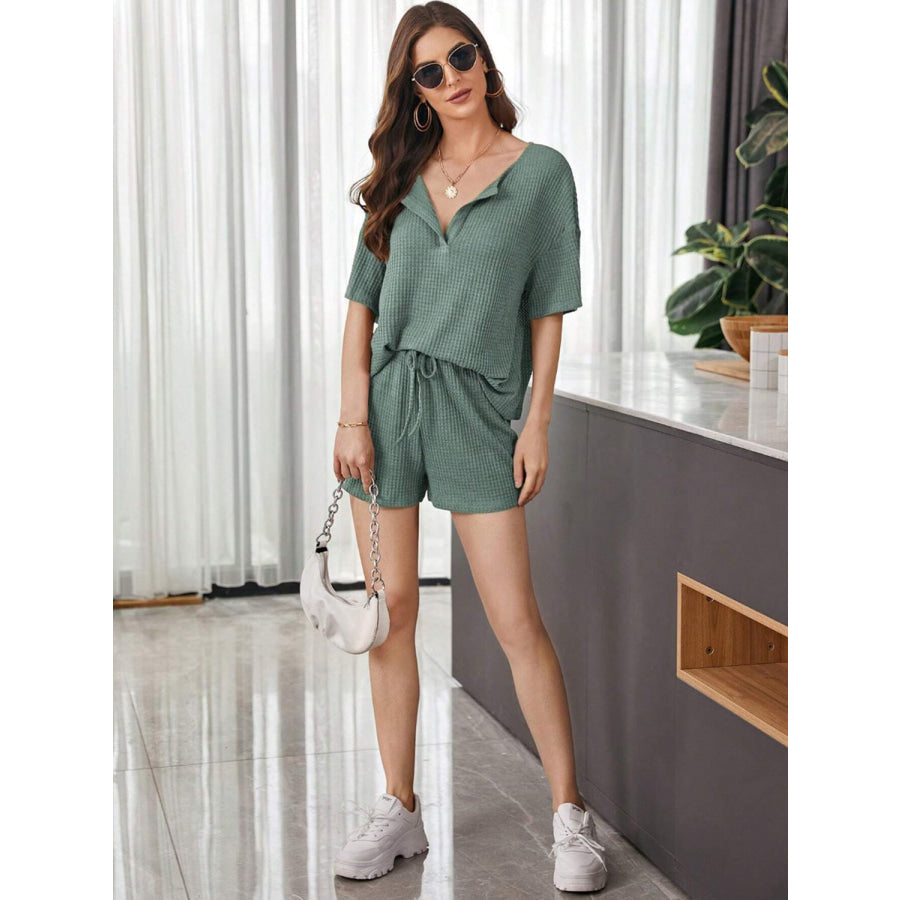 Full Size Waffle - Knit Dropped Shoulder Top and Shorts Set Apparel and Accessories