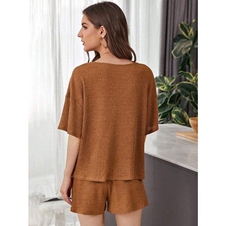 Full Size Waffle - Knit Dropped Shoulder Top and Shorts Set Apparel and Accessories