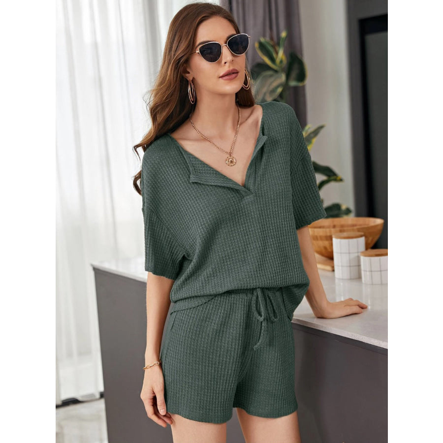 Full Size Waffle - Knit Dropped Shoulder Top and Shorts Set Apparel and Accessories