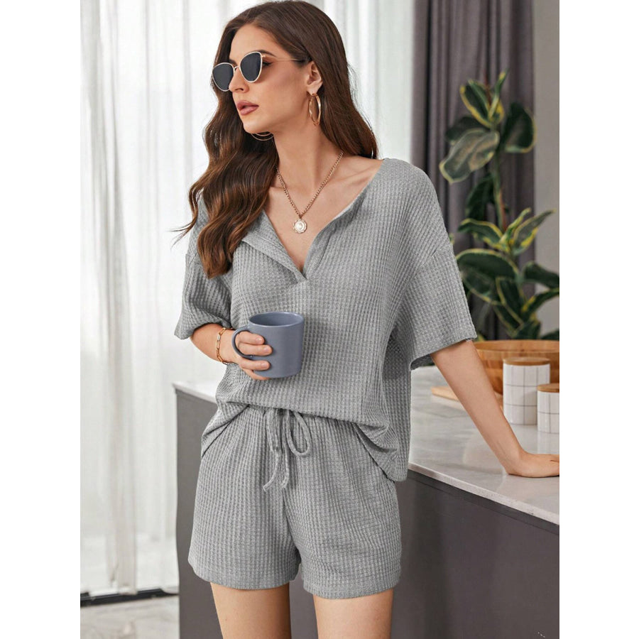 Full Size Waffle - Knit Dropped Shoulder Top and Shorts Set Apparel and Accessories