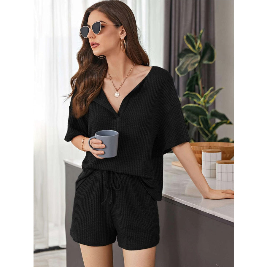 Full Size Waffle - Knit Dropped Shoulder Top and Shorts Set Black / S Apparel and Accessories