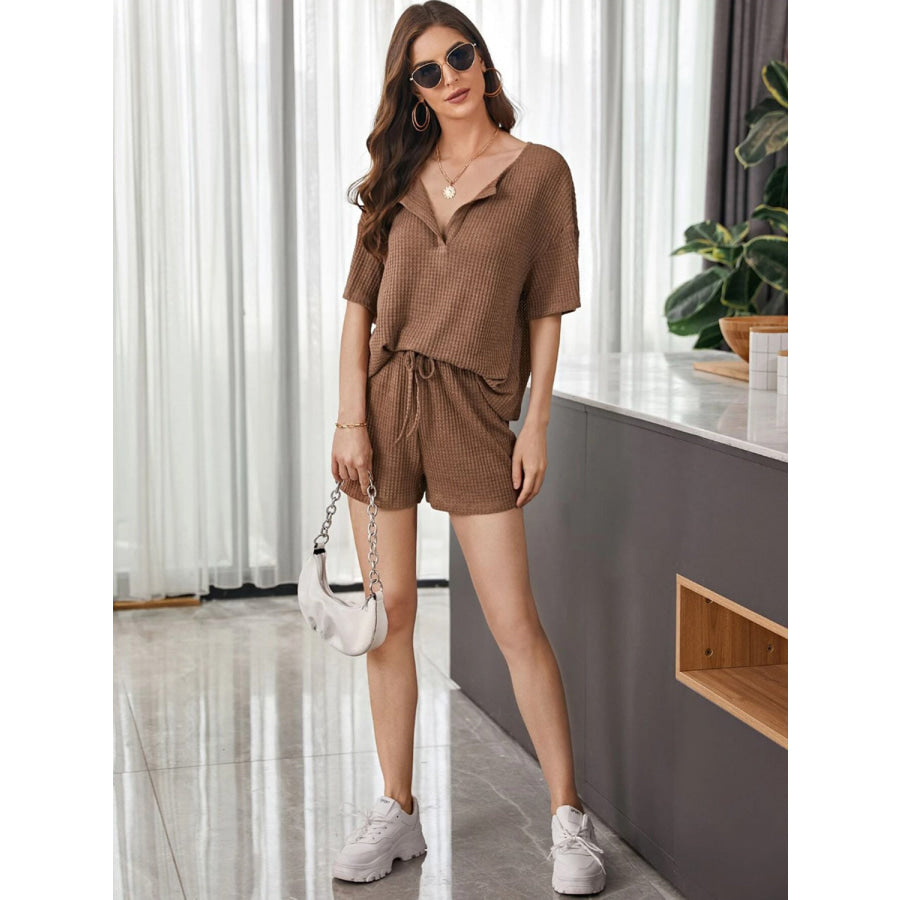 Full Size Waffle - Knit Dropped Shoulder Top and Shorts Set Chestnut / S Apparel and Accessories