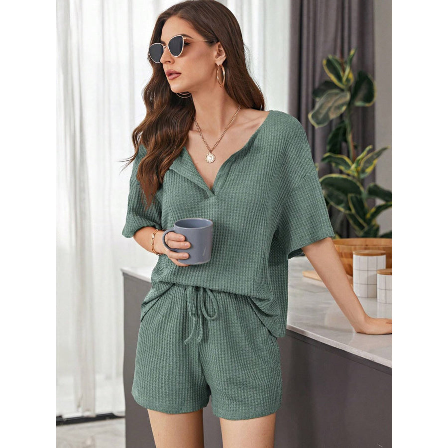 Full Size Waffle - Knit Dropped Shoulder Top and Shorts Set Deep Teal / S Apparel and Accessories